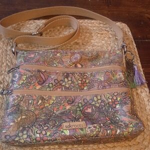 Sakroots Floral Patterned Crossbody Bag Owl Charm Triple Zipper Adjustable Strap